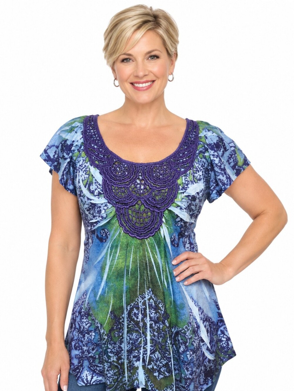 Live And Let Live Womens Top M Blue Purple Lace Stretch Pullover Cap Sleeve